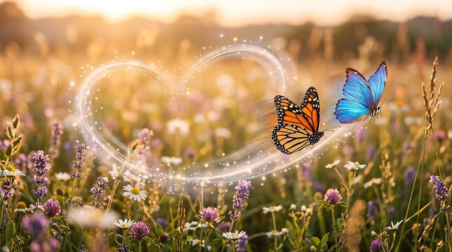 Colorful Blue and Orange Butterflies Flying Over Flower Field at Sunset