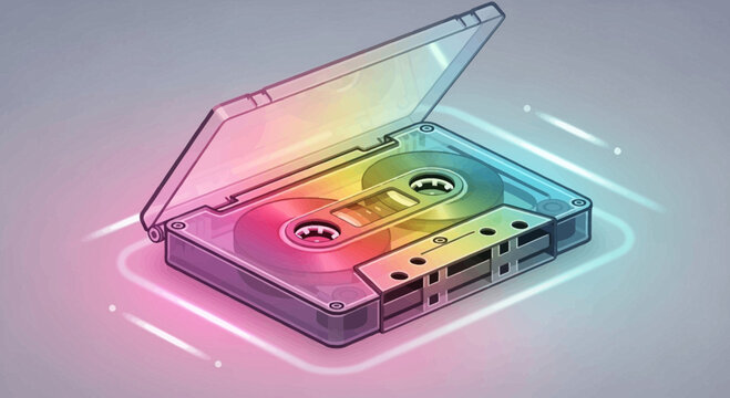 Retro cassette tape with rainbow colors and glowing lines on a textured background