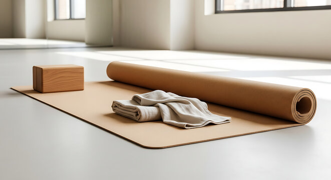Rolled yoga mat, block, and towel in bright studio space