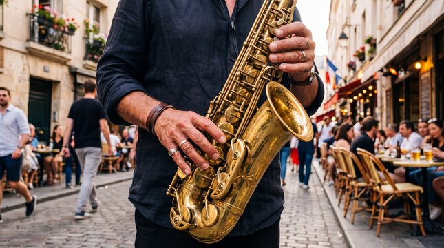 Street musician playing saxophone on a Parisian sidewalk during golden hour