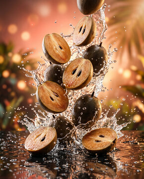 Brown sapodilla fruit halves and whole falling with dynamic water splash and reflections on a bokeh background capturing tropical sweetness sapodilla tropical refreshing movement reflection