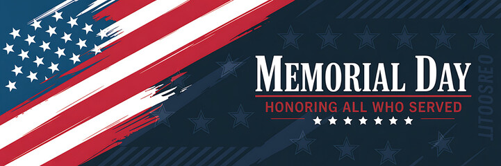 Memorial day horizontal banner with diagonal American flag paint brush strokes and white stars on blue backdrop for honoring all who served veterans and fallen military personnel.