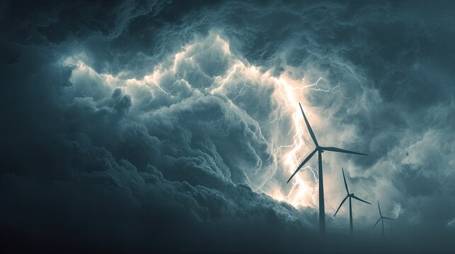 Electrical storm rages behind large wind turbines generating clean energy