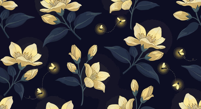 Yellow flowers and fireflies on dark background pattern