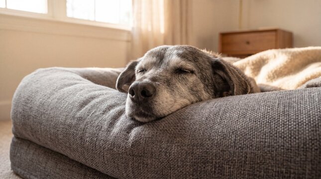 Senior dog with gray muzzle resting comfortably on orthopedic memory foam bed