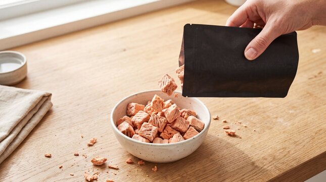 Pouring Salmon Freeze Dried Cat Treats into a Ceramic Bowl in a Modern Kitchen