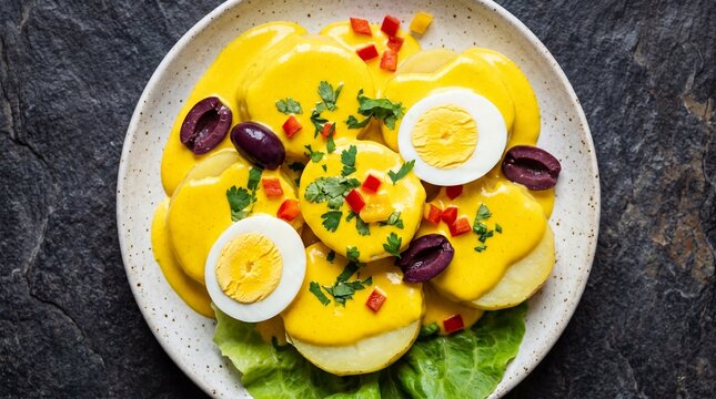 Traditional Peruvian Papa a la Huancaina appetizer with vibrant yellow sauce.