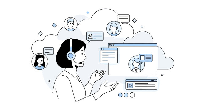 Illustration of a woman wearing a headset interacting with a computer screen and chat icons in a thought bubble, conveying a customer service or support concept with a clean and minimalist