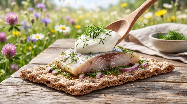Pickled herring on crispbread with sour cream and dill for Swedish Midsummer