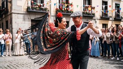 San Isidro festival chotis dancers in traditional Madrid street celebration