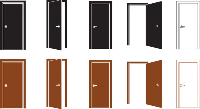 Door icons set. Open, close and ajar door. Doors collection. Opened entrance door set flat style - stock vector.