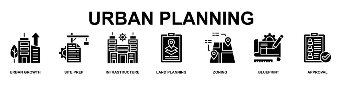 Urban Planning Banner Web Icon Vector Illustration Concept for Technology with Icons of Urban Growth, Site Prep, Infrastructure, Land Planning, Zoning, Blueprint and Approval