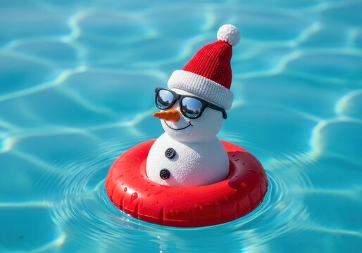 A festive snowman wearing sunglasses and a santa hat floating in a bright blue swimming pool