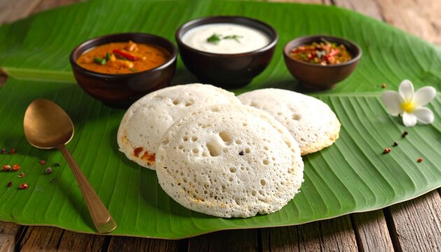 South Indian Breakfast with Appam, Egg Curry, and Coconut Chutney Served on a Banana Leaf