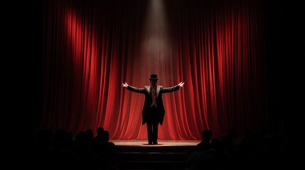 Fototapeta premium Magician performing on theater stage with red curtains and spotlight, dramatic show silhouette