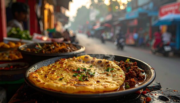 Steaming Malabar Porotta with Beef Fry Roast on a Street Food Stall in Kerala