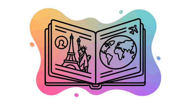 Open passport book with landmarks and world map, travel concept