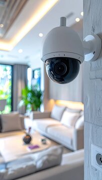 Close-up of a security camera mounted on a textured wall, with an interior in the background
