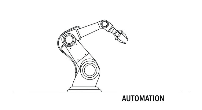 Industrial robotic arm vector illustration featuring a sophisticated mechanical machine design for manufacturing automation concepts displayed in a clean simple line art style that highlights precisio