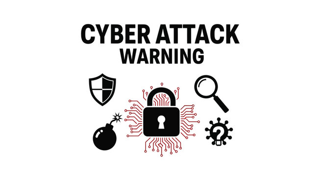 Cyber attack warning graphic showing a central digital padlock surrounded by a shield a magnifying glass a bomb and a mystery virus icon to represent modern internet threats and network data protectio
