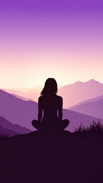 Silhouette of a woman in lotus pose, facing mountains and a gradient sunset