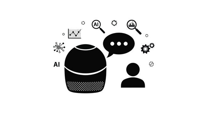 Smart artificial intelligence speaker icon vector illustration depicting a digital voice assistant device communicating with a human user while featuring various tech icons like data analysis charts s