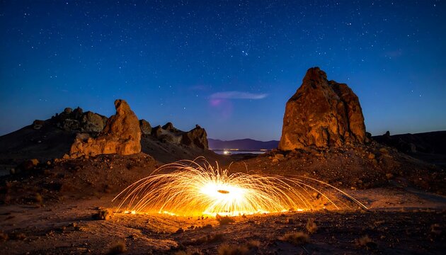A night scene depicts a landscape of rock formations with a glowing sparks show under a starry sky