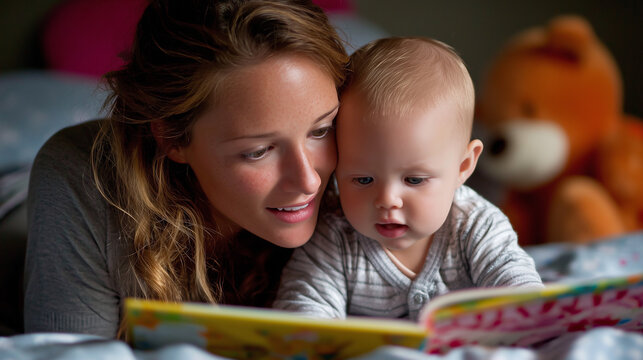 Mother reading a book with her baby, warm parenting moment, early learning, love, family, and childhood bonding