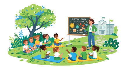 Obraz premium A teacher points to a solar system diagram on a blackboard during an outdoor lesson with diverse children sitting on blankets in a park setting near a school building with a bright