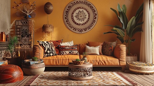 Vibrant Bohemian Living Room Interior with Warm Orange Sofa and Abundant Greenery