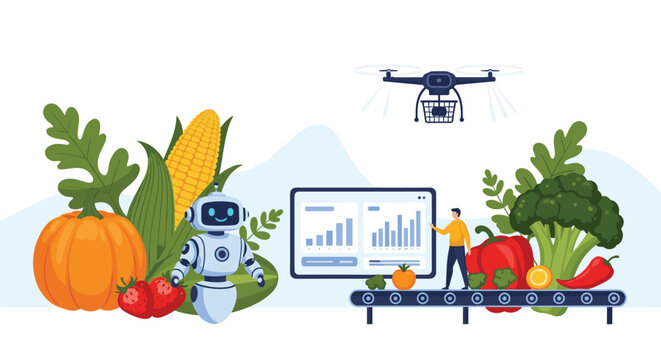 Smart farming scene featuring a robot, human manager, and delivery drone overseeing the automated sorting of fresh fruits and vegetables.