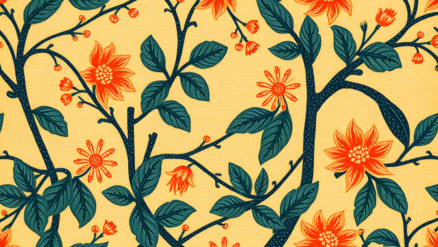 Japanese Botanical Block Print Seamless Pattern. Traditional Asian Floral Nature Tileable Textile Design. Vintage Oriental Bloom Background Wallpaper.