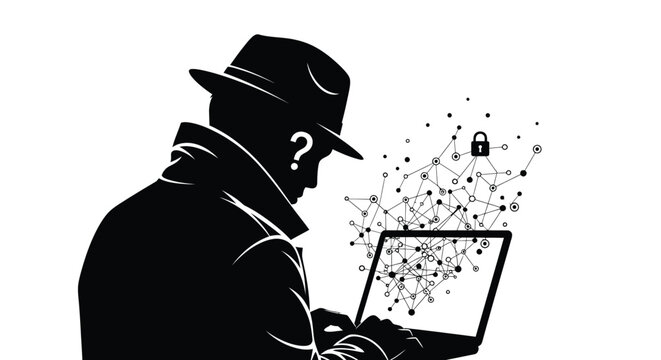 Anonymous hacker silhouette wearing a classic hat working on a portable laptop computer to breach secure digital network data systems and encrypted information represented by complex interconnected no