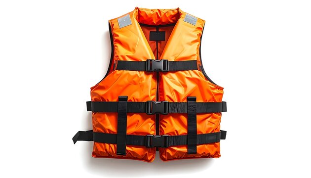 An eye-level, isolated view of a bright orange personal flotation device (PFD) against a plain white background