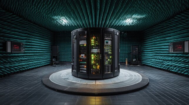 Futuristic server room with central data bank and acoustic walls