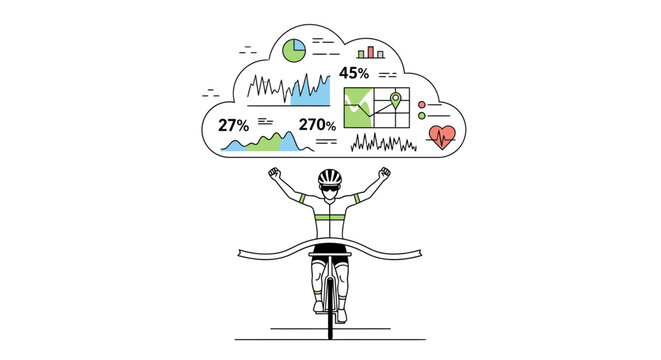 A cartoon cyclist riding a bicycle with a thought bubble filled with colorful business and finance charts and graphs above their head on a white background.