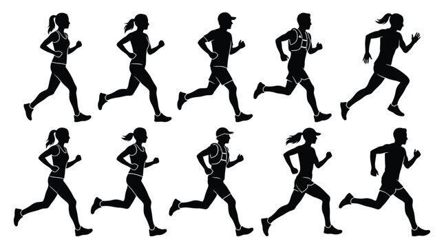 Set of silhouettes of people running, jogging, and exercising collection of male and female runners in various poses