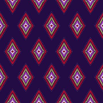 This high-quality seamless pattern showcases a stunning ethnic diamond motif, meticulously designed to emulate the traditional ikat weaving technique. The intricate line work creates a beautiful embro