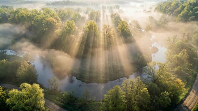 Drone flying over a misty evergreen forest with beautiful morning sun rays breaking through the fog