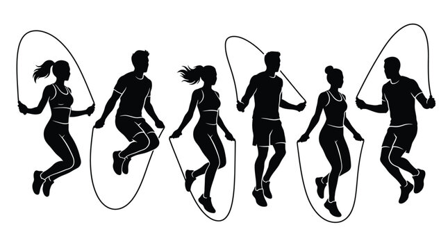 Set of silhouettes of people jumping rope, men and women exercising with jump ropes, fitness and cardio workout concept