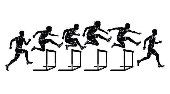 Silhouette of a hurdler athlete running and jumping over hurdles
