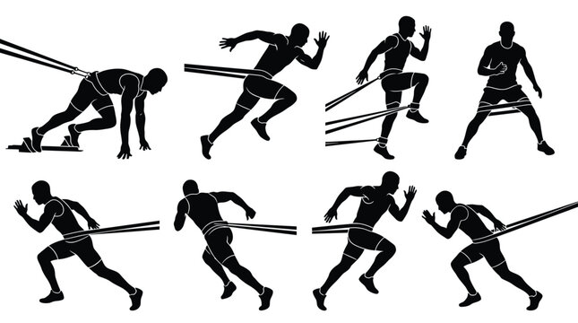 Set of silhouettes of an athlete training with resistance bands
