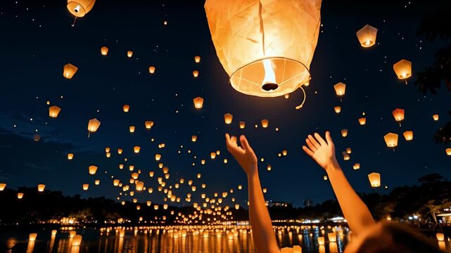 Woman with paper lantern in hands. Floating lantern YeePeng Firework Festival or Yi Peng Lantern in Chiangmai, Chiang Mai festival and Loy Kratong Festival in Thailand,Asia 