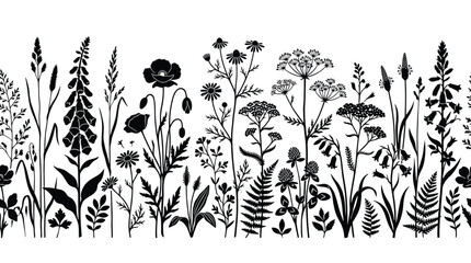 Seamless border with wild flowers and herbs, black silhouettes of meadow plants © Hikari Vector Studio