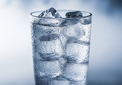 A refreshing glass of sparkling water filled with clear ice cubes against a soft purple background