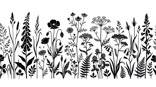 Seamless border with wild flowers and herbs, black silhouettes of meadow plants