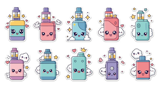 Cute cartoon vape devices with smiling faces.