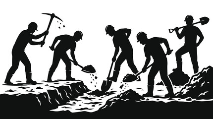 Silhouette of construction workers digging a trench with shovels and a pickaxe © Hikari Vector Studio