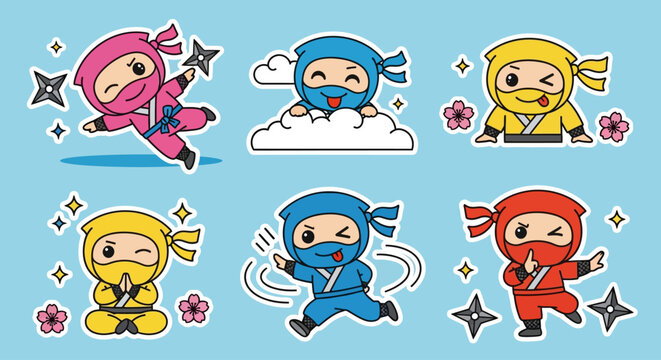 Colorful cartoon ninja characters in various poses.