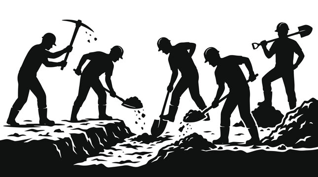 Silhouette of construction workers digging a trench with shovels and a pickaxe